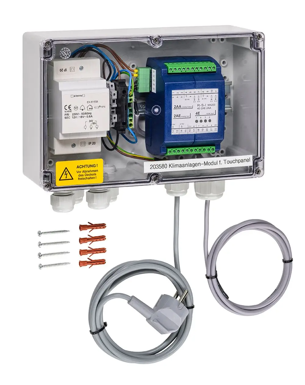 Klimaanlagen-Modul in einem Gehäuse, mit elektrischen Komponenten, Kabeln und Verbindungselementen. Hersteller: Grünbeck.